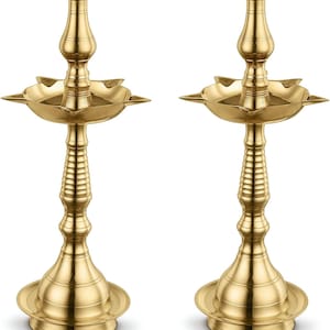 Pack of 2 Brass Fancy Kerala Diya Oil Lamp (Kuthu Vilakku) for Home Temple Festival Home Decor Pooja & Diwali Indian Free 200 Cotton Wicks
