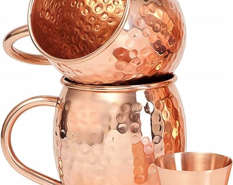 Handcrafted 100% Pure Copper Moscow Mule Hammered Finish 16 Oz. with Shot Glass Set of 2