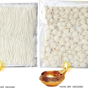 May include: Two packages of white cotton wicks for oil lamps. One package contains long wicks, the other contains round wicks.  *Diya not included*.