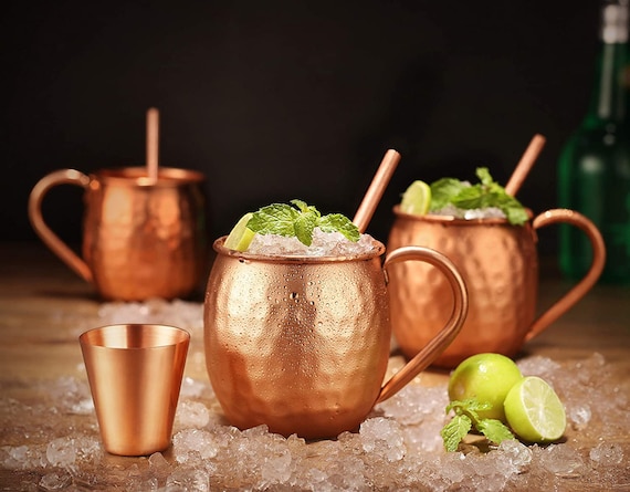 Set Moscow Mule - 4 Gobelets En Cuivre + Pailles + Doseur - Pour Cocktails Et Boissons Fraîches