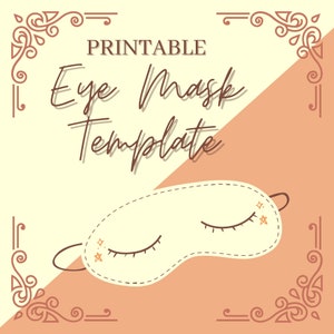 Pode incluir: Modelo de máscara para os olhos imprimível com fundo bege e uma faixa diagonal cor de pêssego. O modelo apresenta uma máscara para os olhos branca com uma borda costurada e dois olhos fechados com cílios e estrelas douradas.