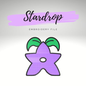 May include: Purple star-shaped embroidery design with green leaves, titled "Stardrop Embroidery File".