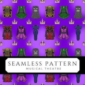 May include: A seamless pattern with illustrations of musical theatre costumes in yellow, green, red, and purple on a purple background. Gold crowns are also included in the design. The text "SEAMLESS PATTERN MUSICAL THEATRE" is displayed in a black rectangle.