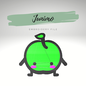May include: Green apple-shaped Junimo character with black outlines and pink cheeks. The Junimo is a character from the video game Stardew Valley.  Embroidery file.