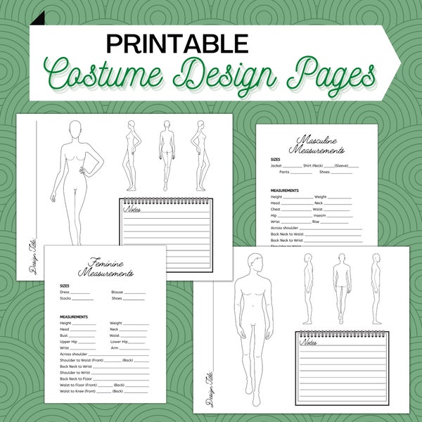 Printable, Fillable Costume Fashion Drawing Design  Journal Pages Insert Set / Bundle - Digital Download PDFs