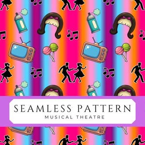 Puede incluir: Patrón sin costuras con temática de teatro musical. Presenta televisores retro, notas musicales, siluetas de baile, lazos para el pelo, piruletas y botes de spray sobre un fondo a rayas rosa, naranja y azul vibrante. Se muestra el texto "SEAMLESS PATTERN MUSICAL THEATRE".