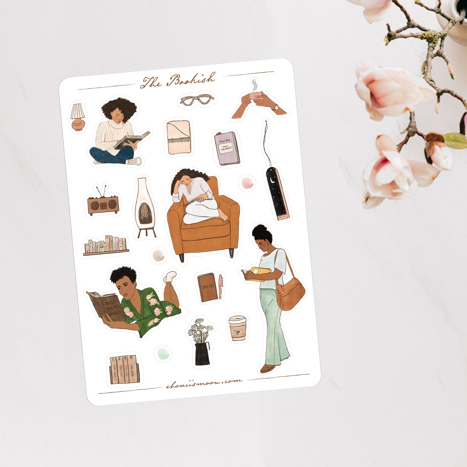 bookish stickers featuring Black women reading in various scenarios, as well as book-themed items