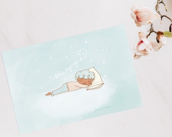 Bleuberri : carte postale Sleepy Bleu, carte postale Hygge, carte postale Kawaii Cosy