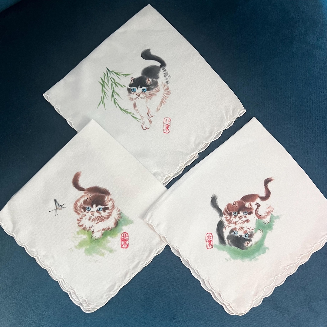 Antique Silk Chinese Hand Painted Handkerchiefs Cats Set of Three - Etsy