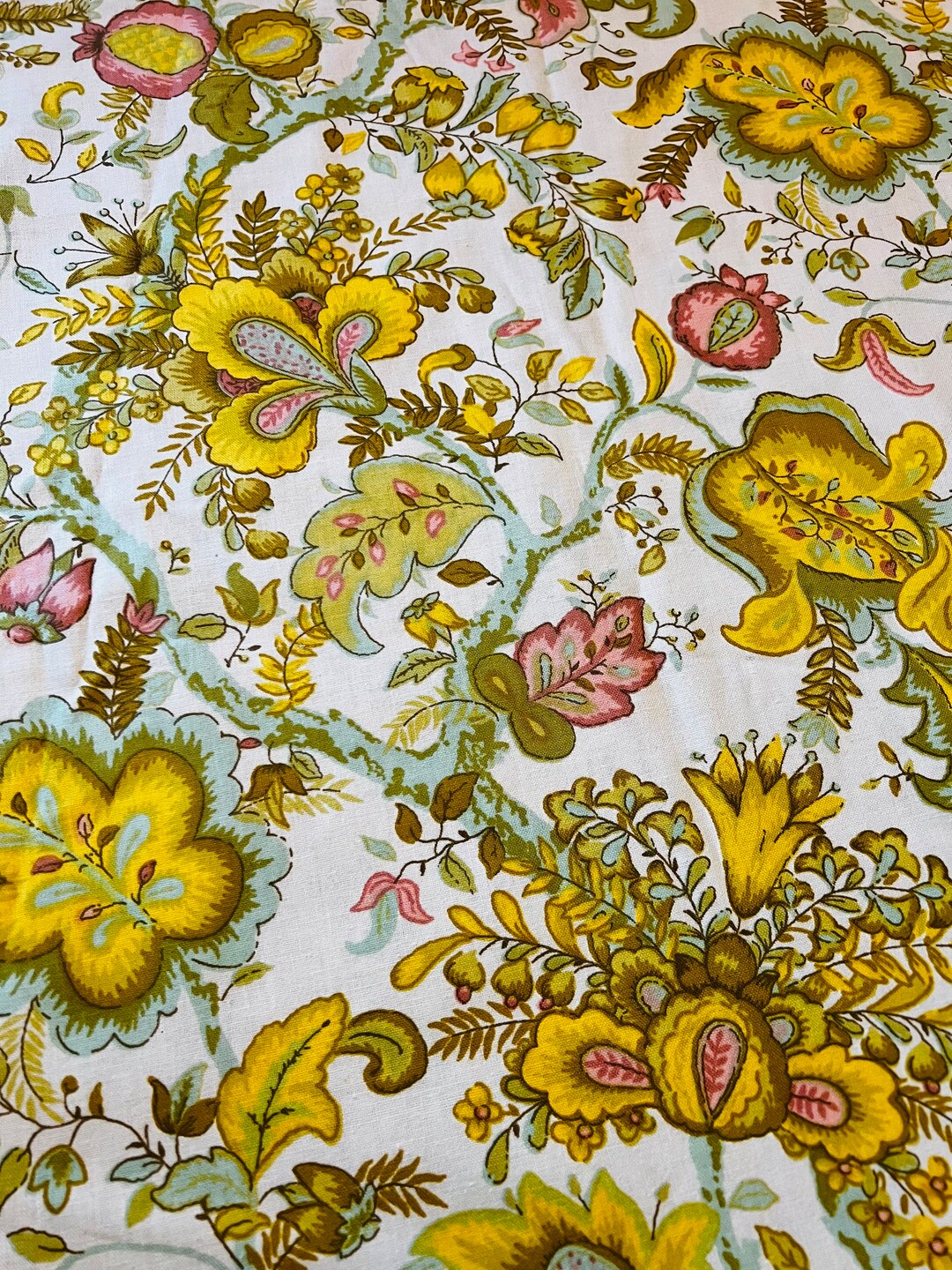 1970s Vintage Bloomcraft Screen Printed Floral Fabric or