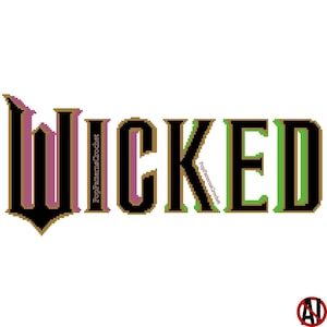 Könnte beinhalten: Das Wort "WICKED" in einer stilisierten Schriftart, mit den Farben Schwarz, Gold, Grün und Lila. Der Text "PopPatternsCrochet" ist vertikal in den Buchstaben ausgerichtet. Der Hintergrund ist weiß.
