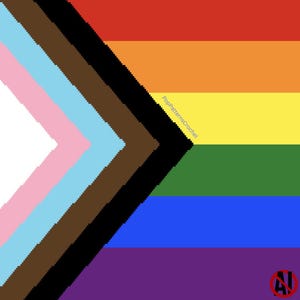 May include: A colorful flag design featuring the Progress Pride flag. The flag includes the traditional rainbow stripes, along with a chevron of white, pink, light blue, brown, and black. The text "PopPatternsCrochet" is visible on the right side.