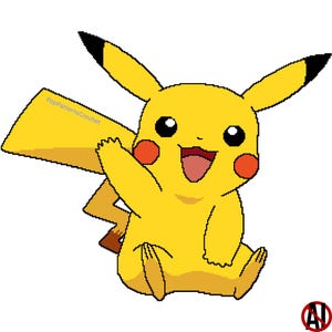 May include: A pixel art illustration of a yellow creature with long ears tipped in black, red circular cheeks, and a lightning bolt-shaped tail. The creature is sitting, waving one hand, and smiling with an open mouth. Text reads PopPatternsCrochet.