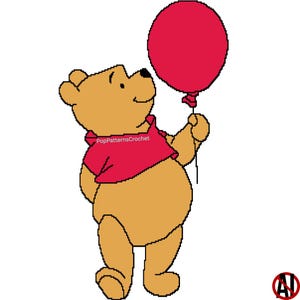 May include: A pixel art illustration of a light brown bear wearing a red shirt, holding a red balloon by a thin black string. The text PopPatternsCrochet is visible on the shirt. The bear has a rounded body, small ears, and a smiling face.