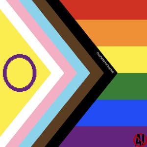 May include: A pixelated flag design combining the Intersex Pride flag with the Progress Pride flag. The Intersex flag features a yellow background with a purple circle. The Progress Pride flag includes the traditional rainbow colors, plus black, brown, light blue, and pink.