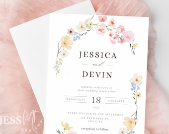 May include: A white wedding invitation with floral watercolor accents. The invitation features the names "Jessica and Devin" and event details. The design includes pink, yellow, and blue flowers, with a matching envelope.