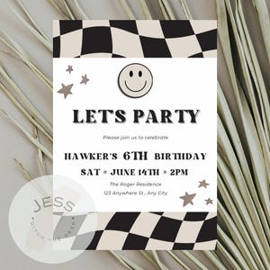 Editable Any Age Boy Retro Smiley Face Birthday Invitation | Let’s Party Invite | Digital Template | Modern Invite | Retro Kids Party