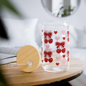 Cherry Pink Heart Sipper Glass, 16oz - Girly Valentines Cup, Cute Drinkware, Romantic Gift, Drinking Glassware, Kitchen Decor