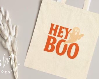 Halloween Tote Bag, Hey Boo Canvas Bag, Spooky Autumn Bag, Trick or Treat Tote, Fall Shopping Bag