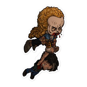 May include: A cartoon illustration of a vampire child with curly blonde hair wearing a blue and brown patterned shirt, holding a smaller child by the arm. The vampire child has fangs and blood dripping from its mouth. The smaller child is wearing blue jeans and a green shirt.