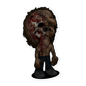May include: A cartoon illustration of a zombie with a skull face and blood dripping from its head. The zombie is wearing blue jeans and black shoes.