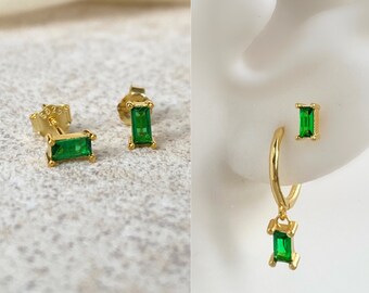 Tiny 14K Gold Baguette Emerald Stud Earrings, Green Stud Earrings, Minimalist Baguette Stud Earrings UK, Second Hole Studs, Cartilage Studs