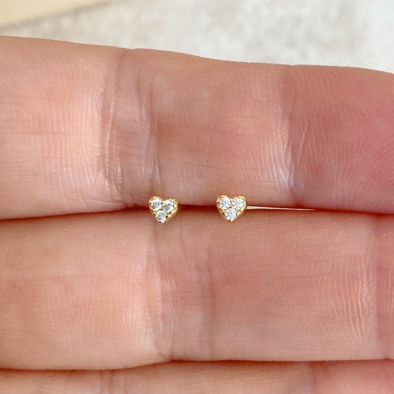 Tiny 14K Gold Heart Stud Dainty Gold Stud Earrings Cubic Etsy