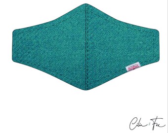 Luskentyre Turquoise Harris Tweed Face Mask- Triple Layer with Choice of Lining Nose bridge Adjustable Ear loops or Head Strap
