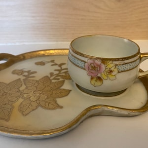 Nippon Hand Painted Teacup and Gold Serving Tray