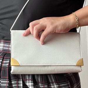 1980s Vintage White Faux Snakeskin Leather with Gold Accents