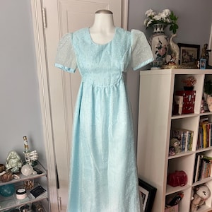 Vintage Handmade “Gunne Sax Style” Blue Maxi Dress with Ditzy Floral Print and Sheer Ouff Sleeves | Size Medium