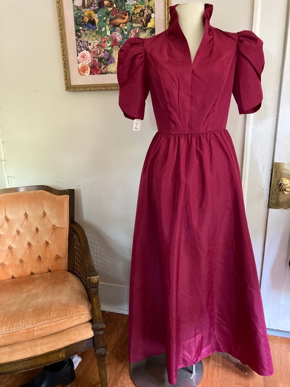 1980s Vintage Victorian Berry Gown with High Neck