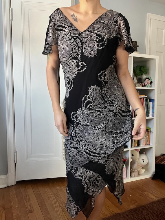 eva blue vintage dress Vintage 90s EVA BLUE Black/Blue MIDI dress with beading and Handkerchief Fairy Hem (12)