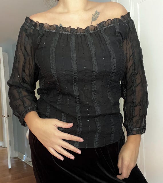 1990s Vintage Selene Sport schwarze glitzer Bluse Größe XL