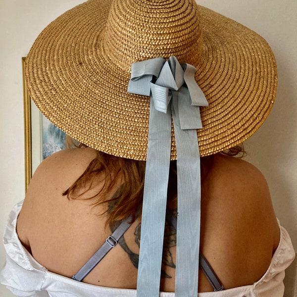 Vintage Cottagecore Wide Brim Straw Hat with Blue Ribbon