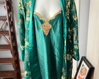 Size L | 1990s Vintage California Dynasty Green and Gold Robe and Slip Dress Set