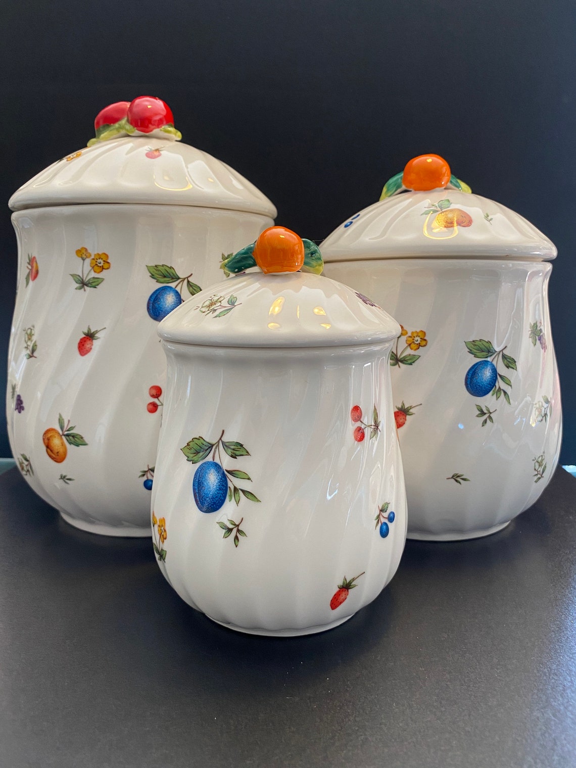 Vintage Three Ceramic Fruit Themed Canisters with Fruit Etsy