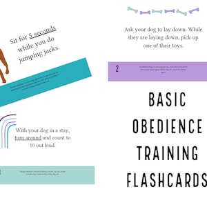 May include: Basic obedience training flashcards. The image features a brown dog with a blue collar, and instructions for training. Text includes "Sit for 5 seconds while you do jumping jacks" and "Ask your dog to lay down."