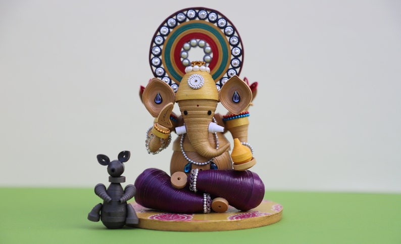 Quilled Lord Ganesha Idol Housewarming Gift Elephant Gifts Diwali Decor Home Decor Gift for Mom Handmade Wedding Gift Maximalist Only Idol & Mouse