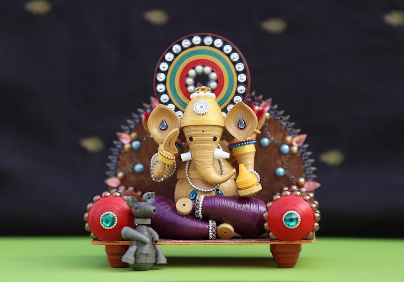 Quilled Lord Ganesha Idol Housewarming Gift Elephant Gifts Diwali Decor Home Decor Gift for Mom Handmade Wedding Gift Maximalist With Chair & Mouse