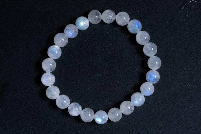 Moonstone Bracelet Genuine Rainbow Moonstone \ Yoga Bracelet Beaded Gemstone Stretch Bracelet Goddess Stone image 1