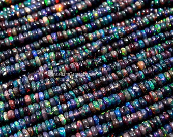 Black Ethiopian Opal Smooth Rondelle Beads, 3-4 mm Black Opal Beads, Welo Fire Opal Beads, Multi Fire Opal, Smooth Opal Gemstone Beads