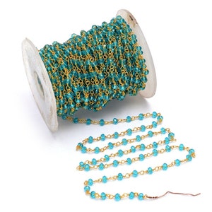 Topaz Rosary Chain Blue Topaz Hydro Faceted Rondelle Beaded Rosary Chain Silver & Gold Plated Wire Jewelry Making Finding Wire Wrapped Chain