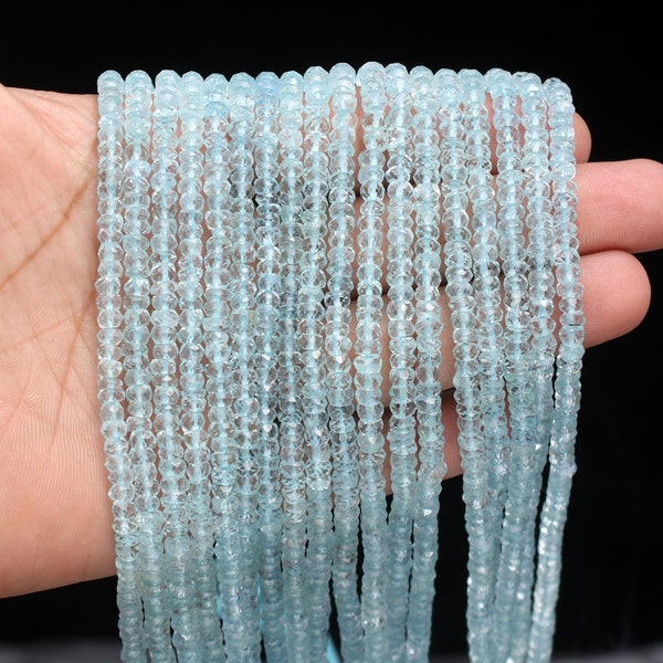 AAA+ Aquamarine Faceted Rondelle Beads, 3.5-4 mm Aquamarine Rondelle Beads, Natural Aquamarine Beads Strand For Jewelry Making