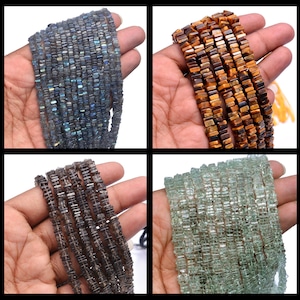 Perline quadrate lisce in pietra naturale Heishi, perline di forma quadrata, perline quadrate in labradorite, perline quadrate in occhio di tigre, perline quadrate fumé in ametista verde.