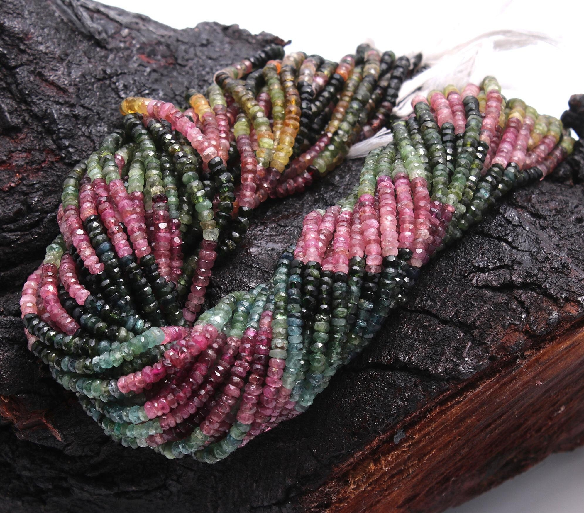 Bracciale Elasticizzato In Tormalina Anguria Naturale, Perline Rettangolari 3x5x9mm, Fatto A Mano In India, Unisex