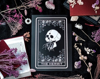 The Hermit Tarot Card Print - Black | Tarot card | Art print | Tarot Prints | Prints | Celestial Prints | Gothic Prints | Witchy Prints