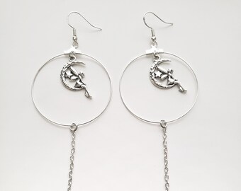 Silver Fairy Moon And Star Earrings, Celestial Silver Chain and Hoop Earring, Moon Fairy Dangle Charm Earrings