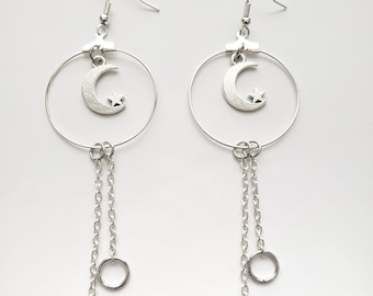 Silver Star and Moon Earrings, Celestial Silver Chain and Hoop Earring, Silver Hoop and Dangle Earrings