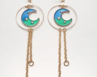 Blue and Gold Celestial Charm Earrings, Moon and Star Charm, Planet and Moon Charm Earrings, Hoop and Chain Charm Earrings